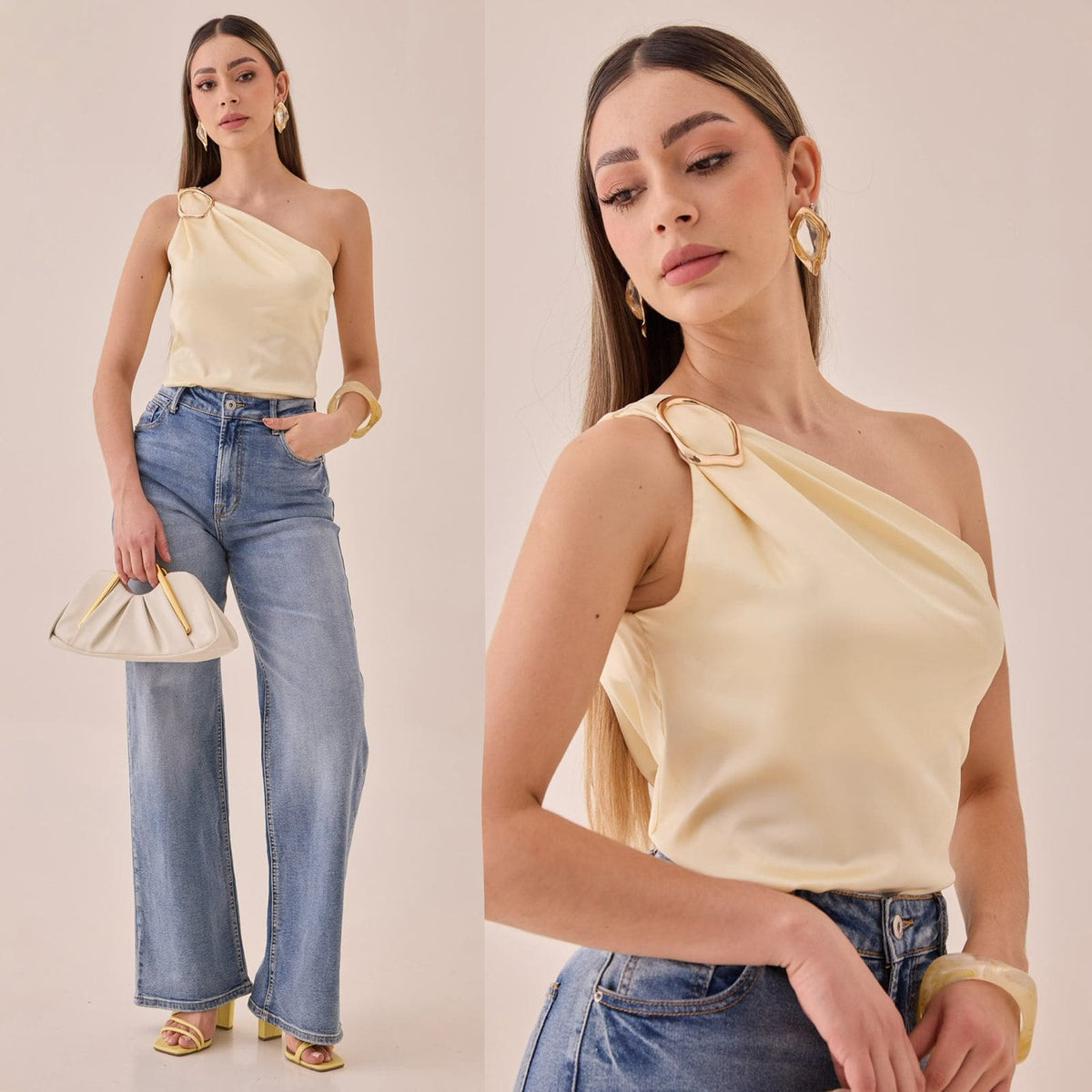 Blusa Satinada Un Hombro Hebilla Dorada