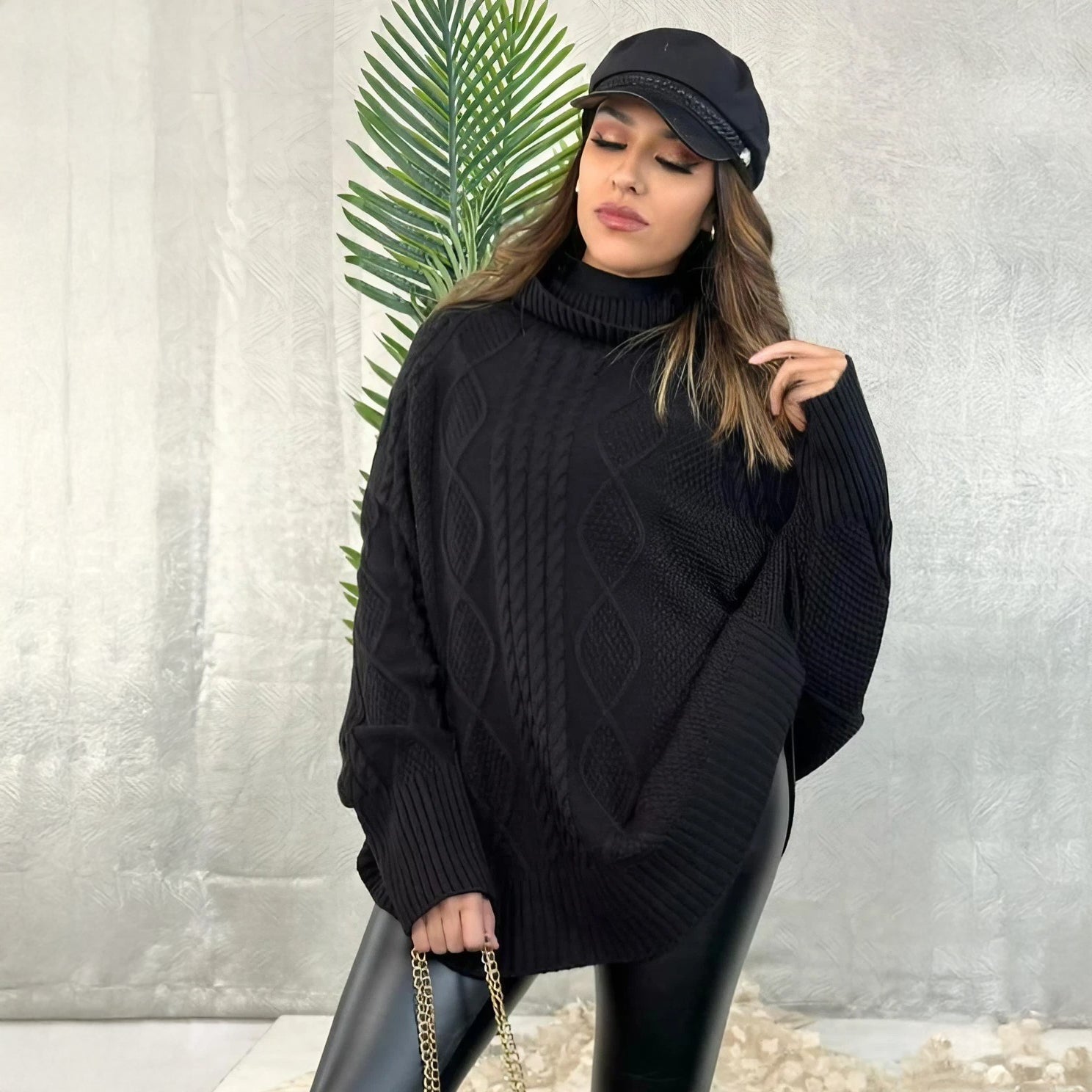 Suéter Oversize de Punto con Cuello Alto y Diseño Trenzado para Mujer - Roxanz