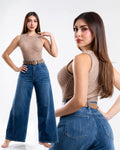 Jeans Wide Leg Mezclilla Azul Cintura Alta