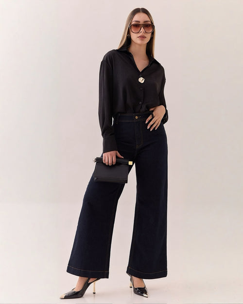 Blusa Manga Larga Negra Detalle Botón