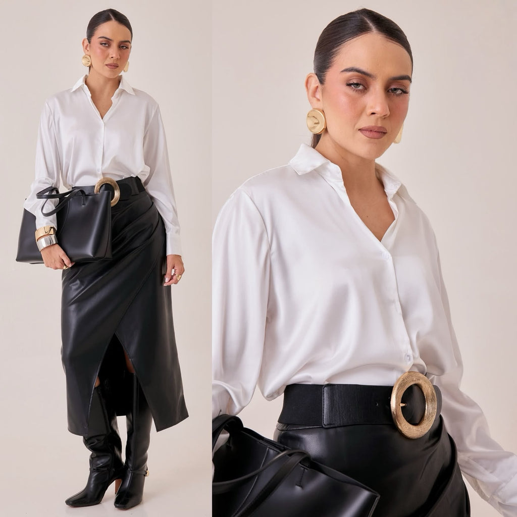 Blusa Satinada Cuello Clásico Blanco