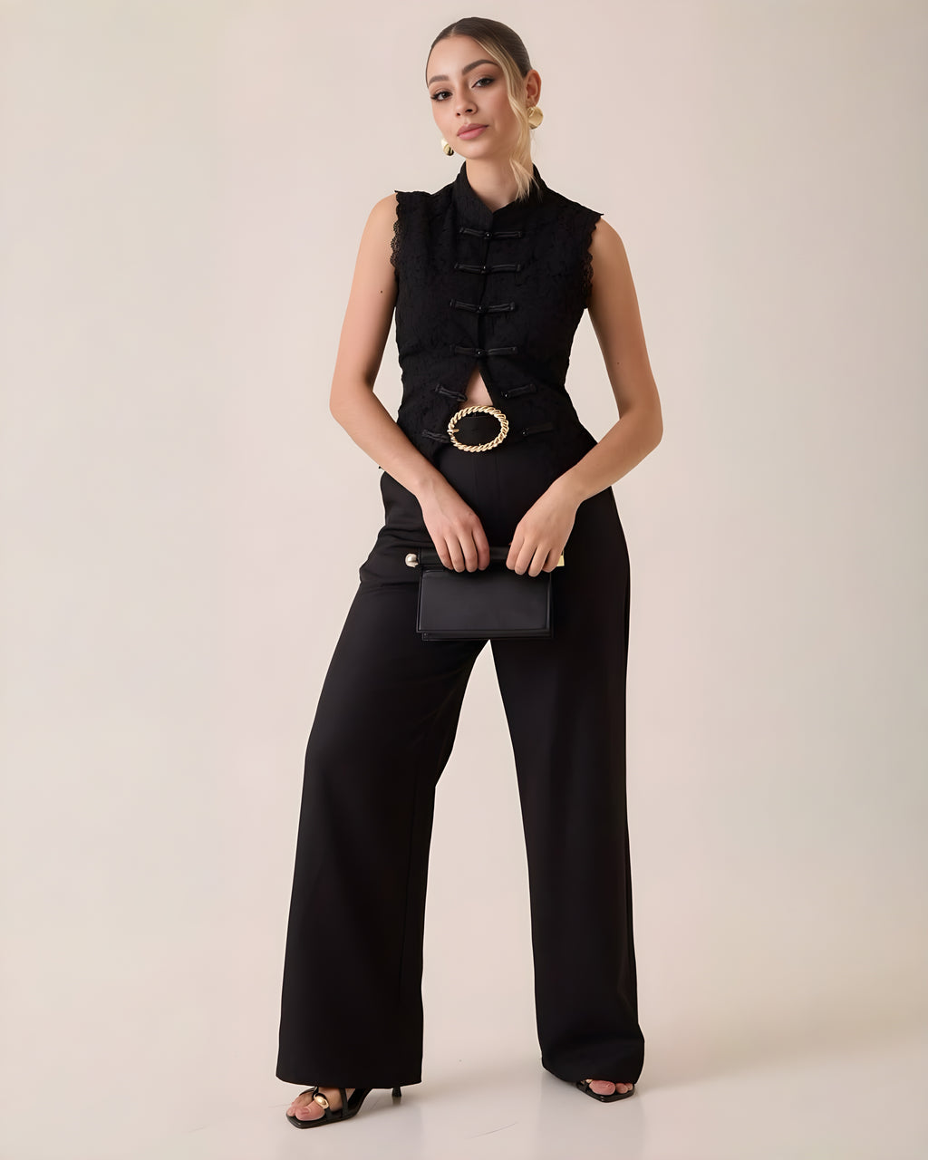 Pantalón Wide Leg Negro Cinturón Dorado