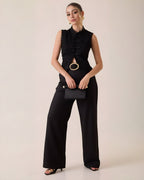 Pantalón Wide Leg Negro Cinturón Dorado