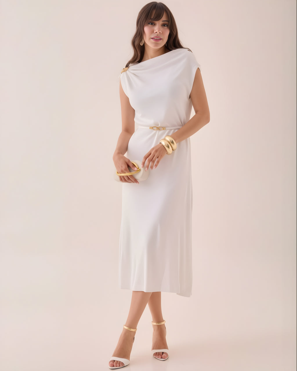 Vestido Midi Ajuste Cinturón Blanco Negro