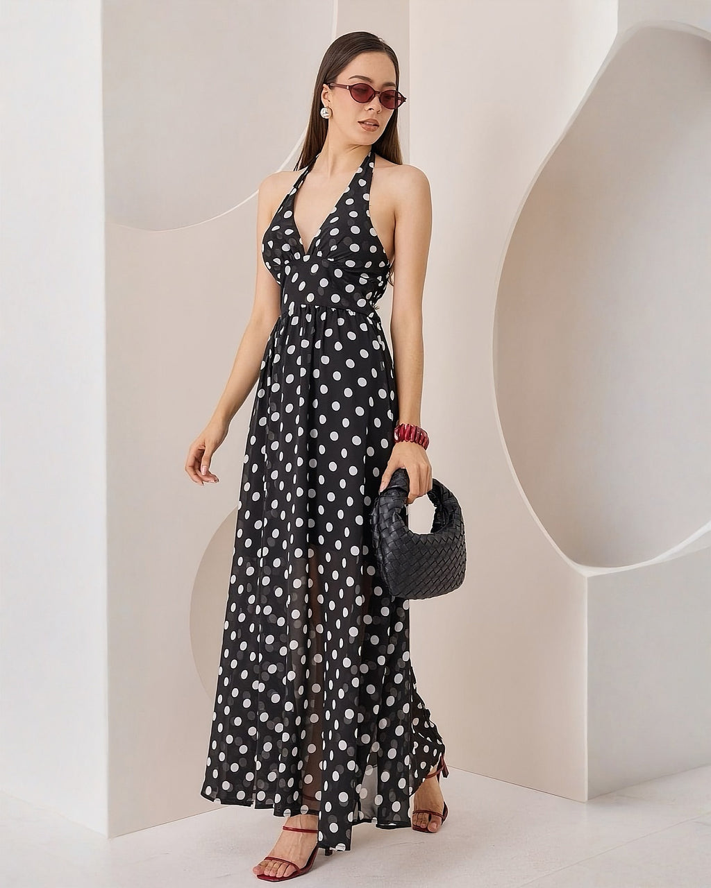 Vestido Largo Halter Lunares