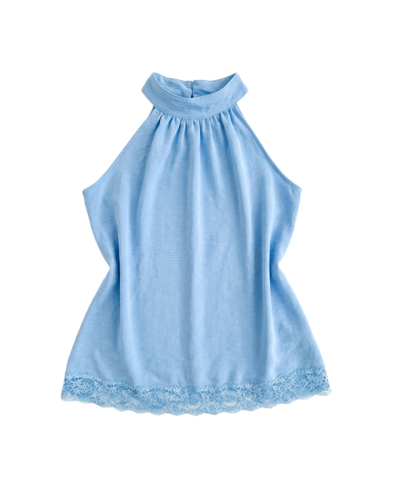 Blusa Halter Satinada Encaje Celeste