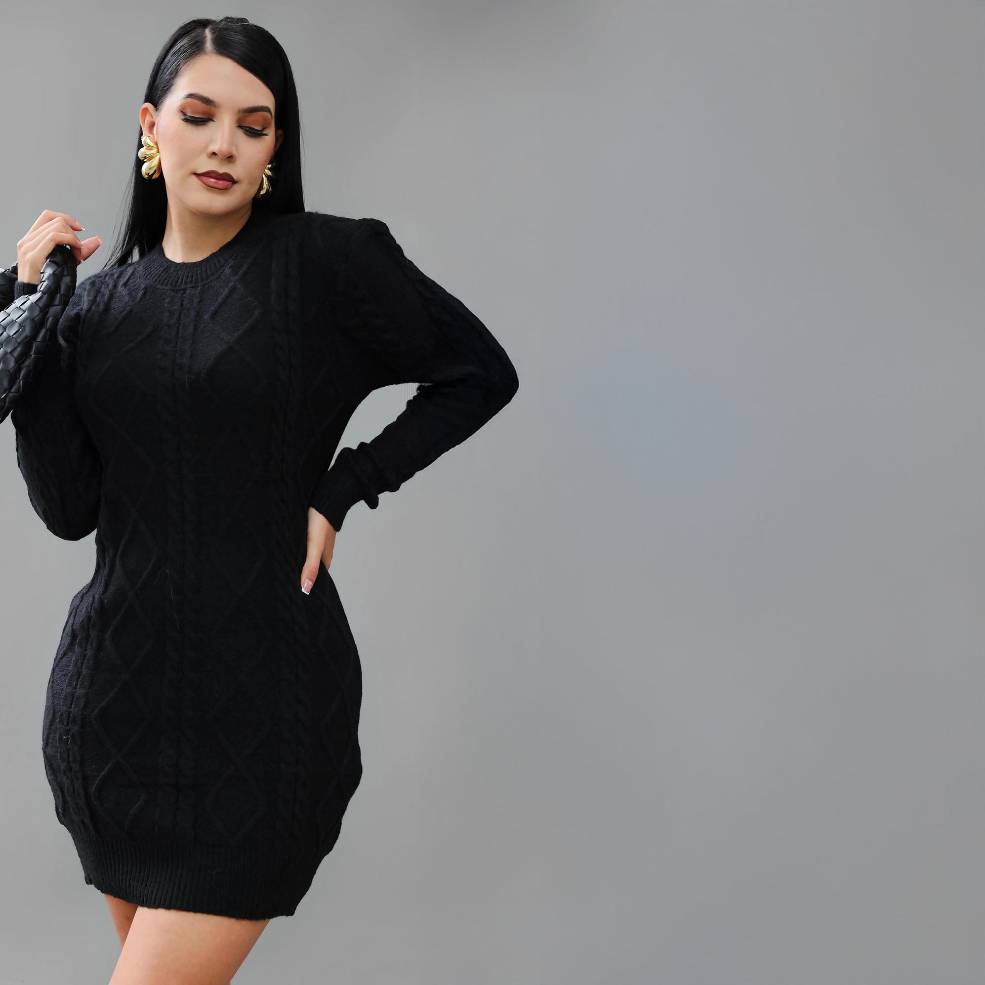 Vestido de Punto Trenzado Acanalado con Manga Larga y Estilo Casual para Mujer - Roxanz