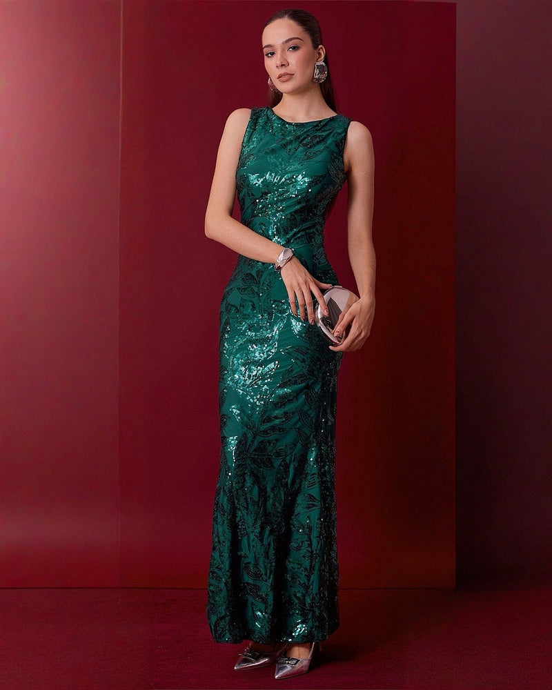 Vestido Largo de Fiesta Elegante con Lentejuelas M Verde