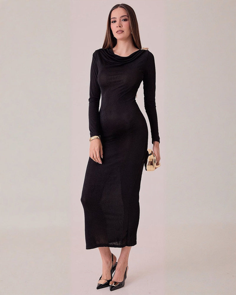 Vestido Largo Elegante de Manga Larga para Mujer con Detalle en Hombro S/M Negro