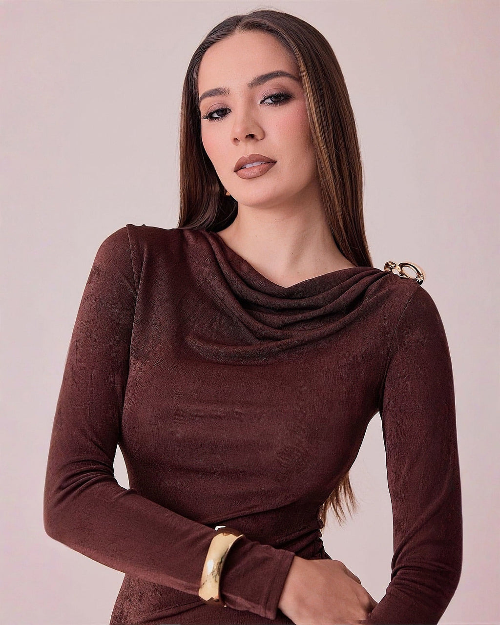 Vestido Largo Elegante de Manga Larga para Mujer con Detalle en Hombro - ROXANZ