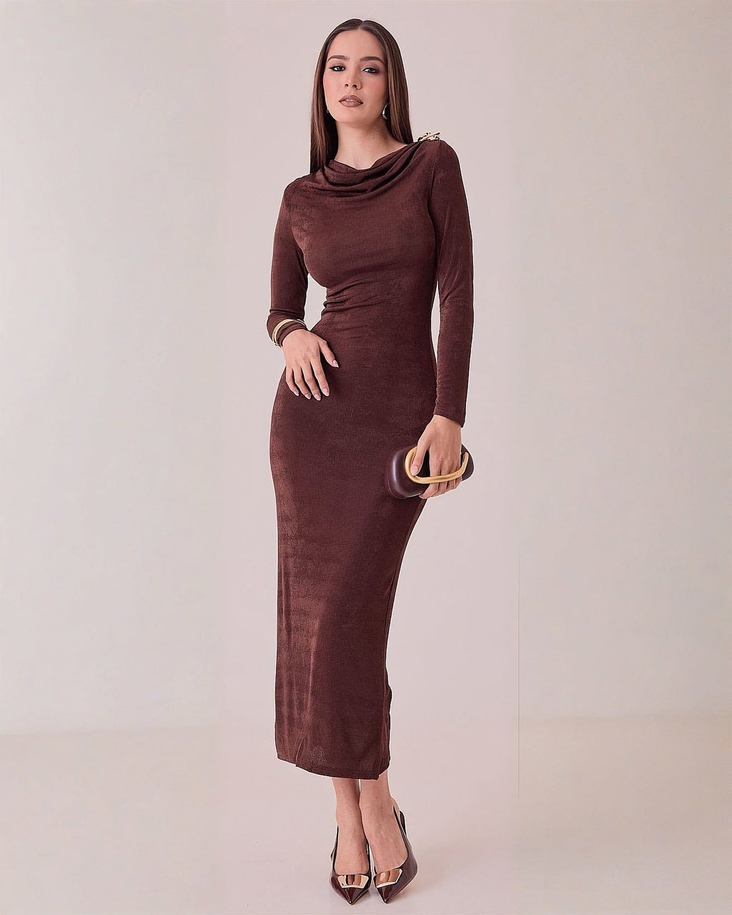 Vestido Largo Elegante de Manga Larga para Mujer con Detalle en Hombro - ROXANZ