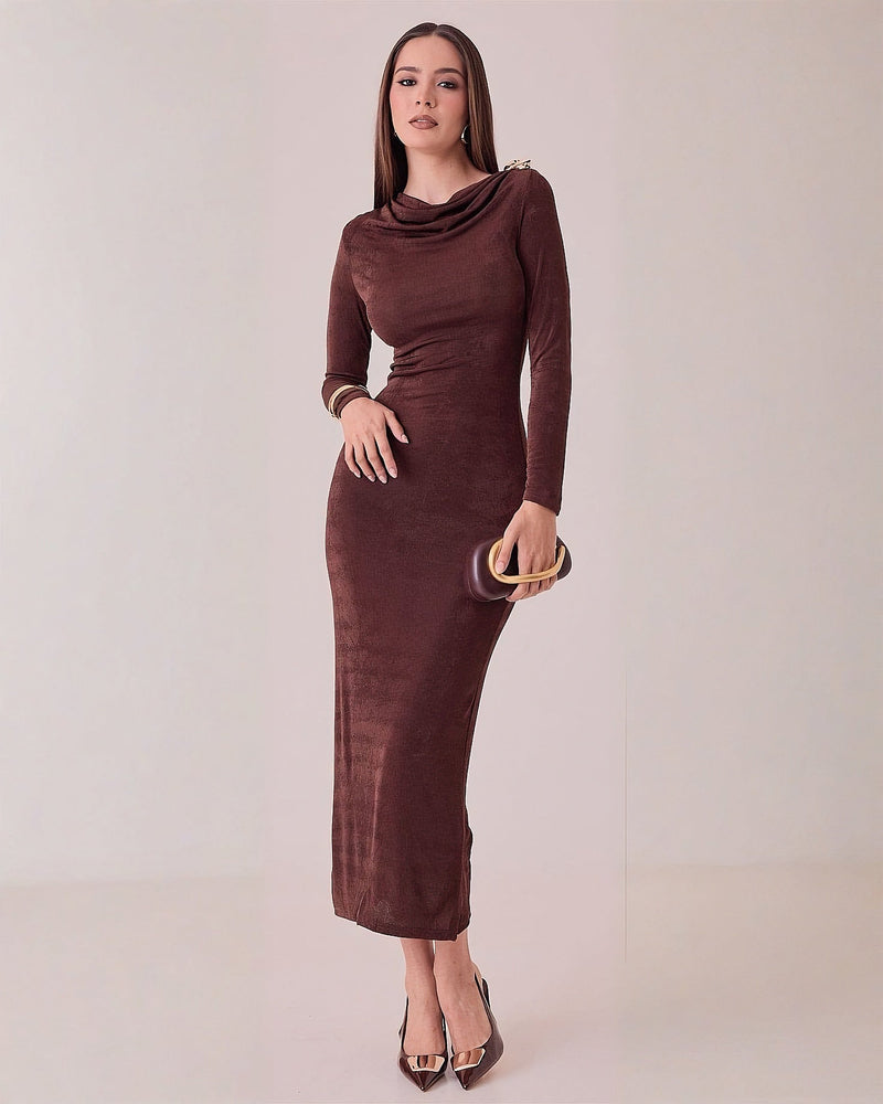 Vestido Largo Elegante de Manga Larga para Mujer con Detalle en Hombro S/M Café