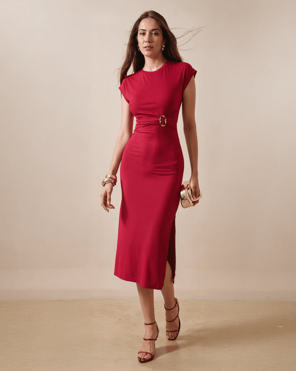 Vestido Midi Negro Elegante para Mujer con Cinturón Decorativo - ROXANZ