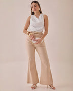 Pantalón Wide Leg Beige Claro Cinturón