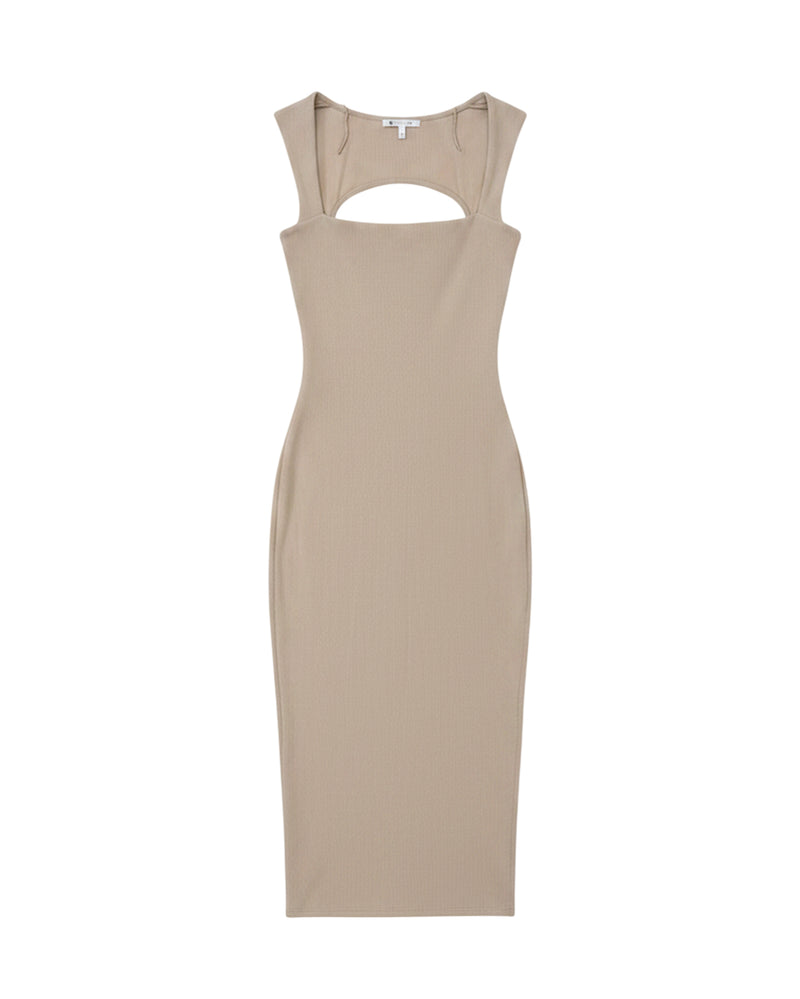 Vestido Midi Elegante para Mujer con Escote Corazón y Abertura Lateral S Beige