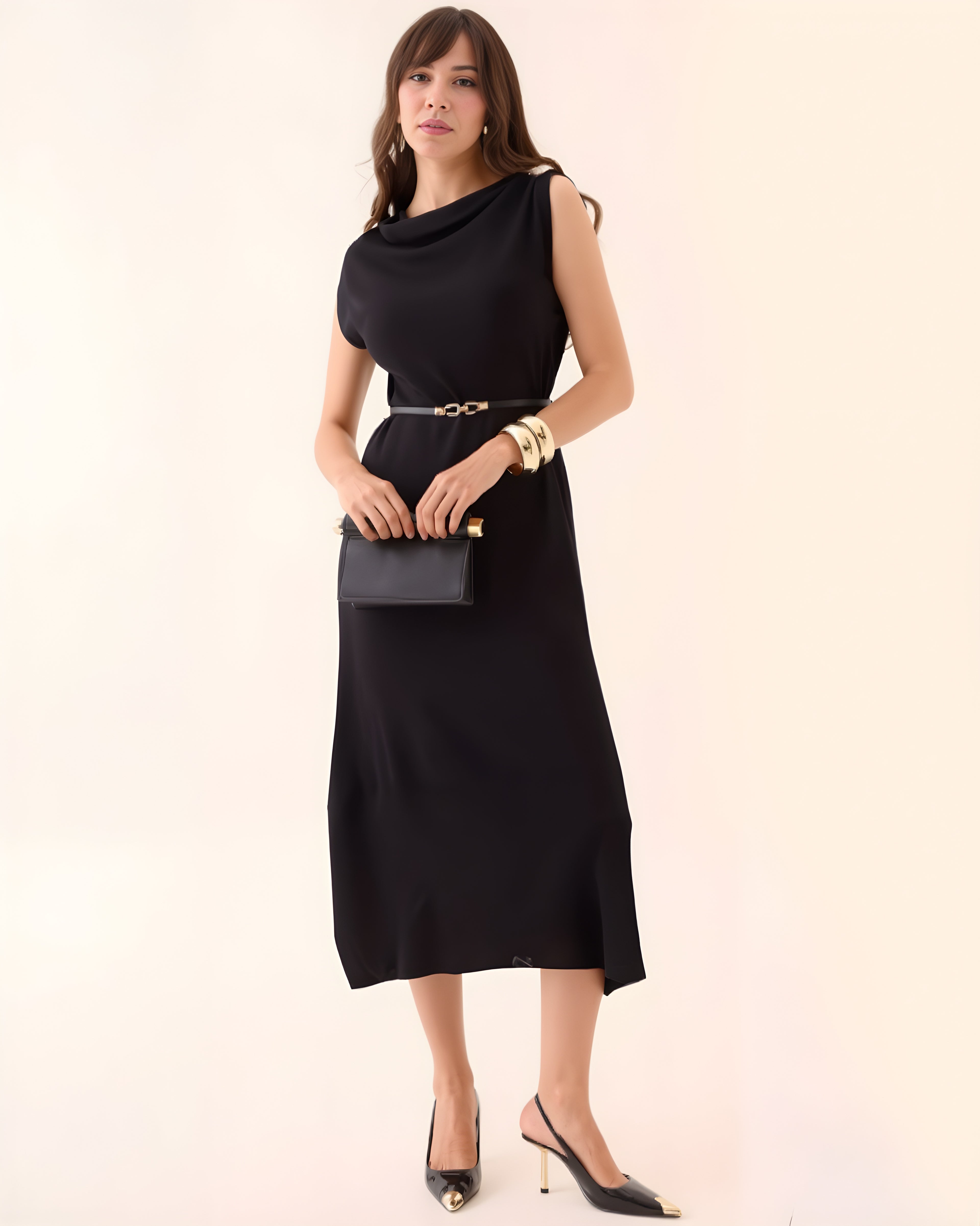Vestido Midi Ajuste Cinturón Blanco Negro