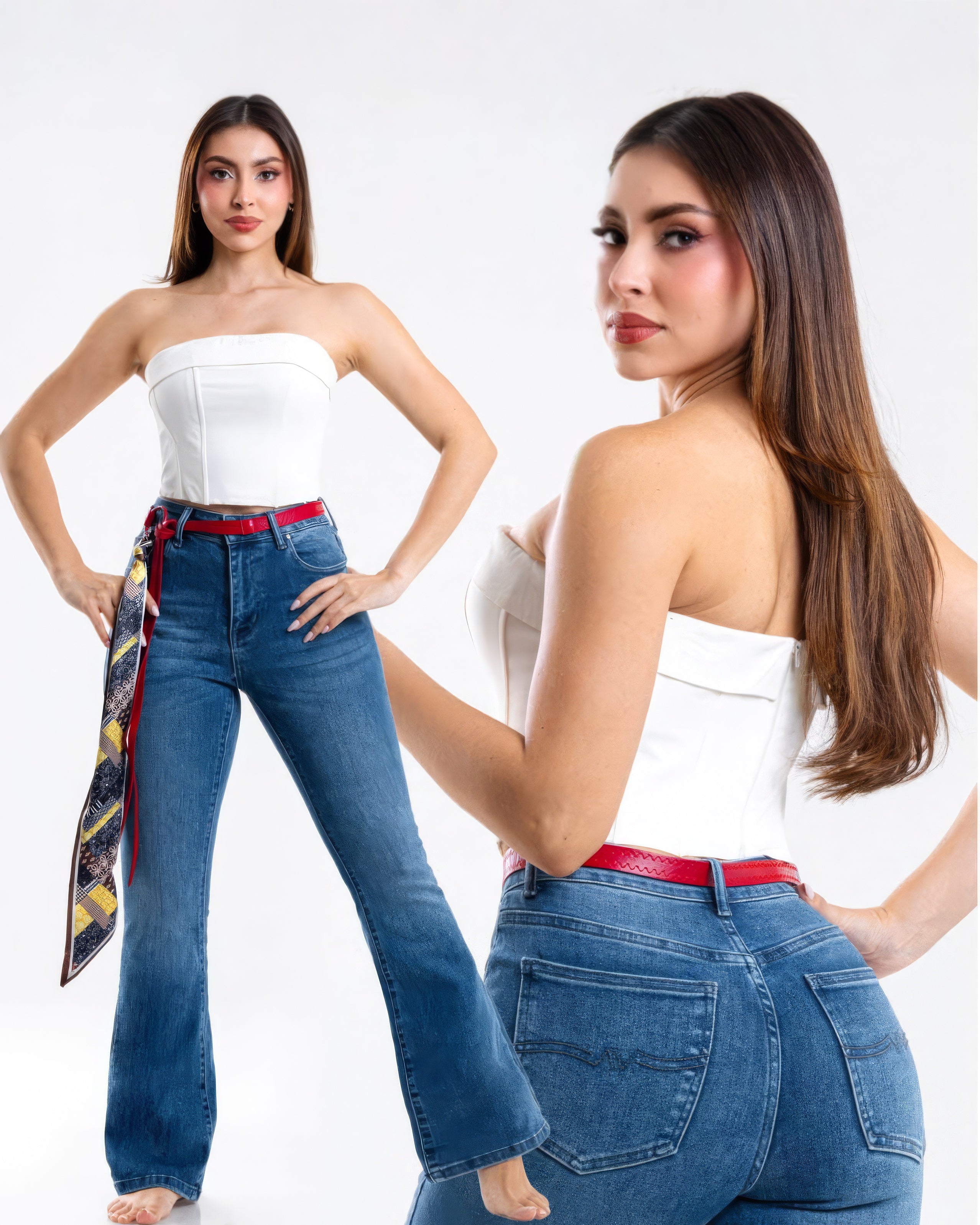 Jeans Bootcut Mezclilla Azul Oscuro Cinturón Rojo
