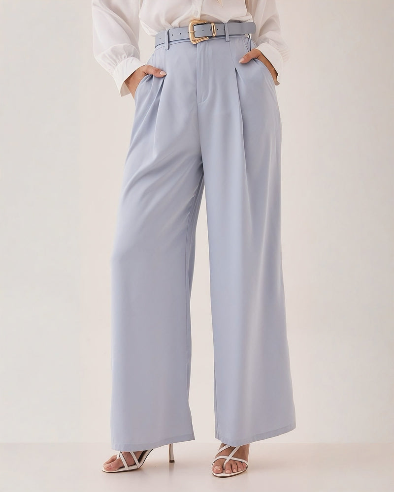 Pantalón Wide Leg Liso Elegante L Azul Cielo