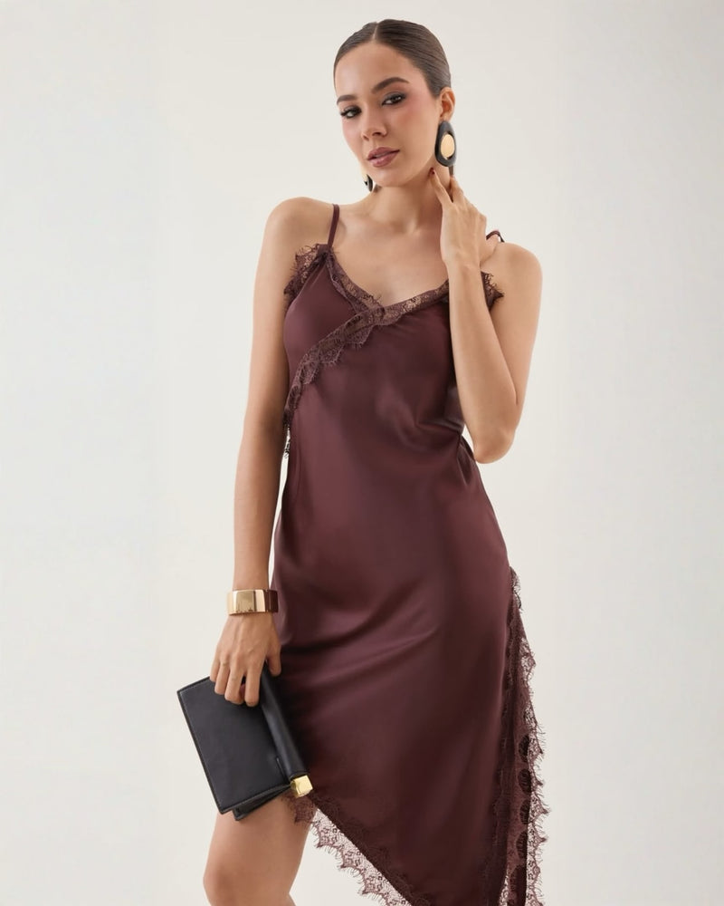 Vestido Satín Asimétrico Negro Encaje S Café