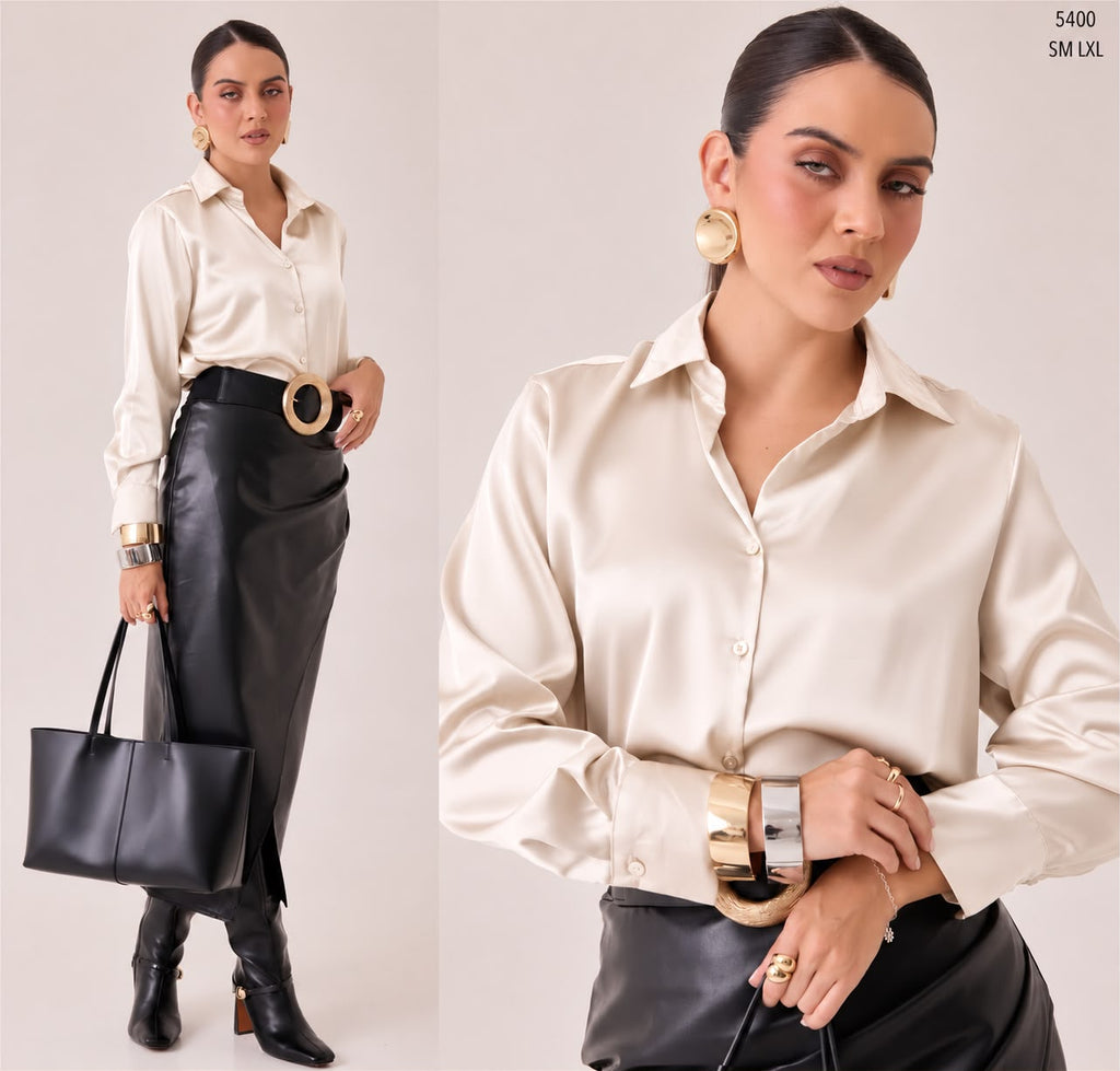 Blusa Satinada Cuello Clásico Blanco
