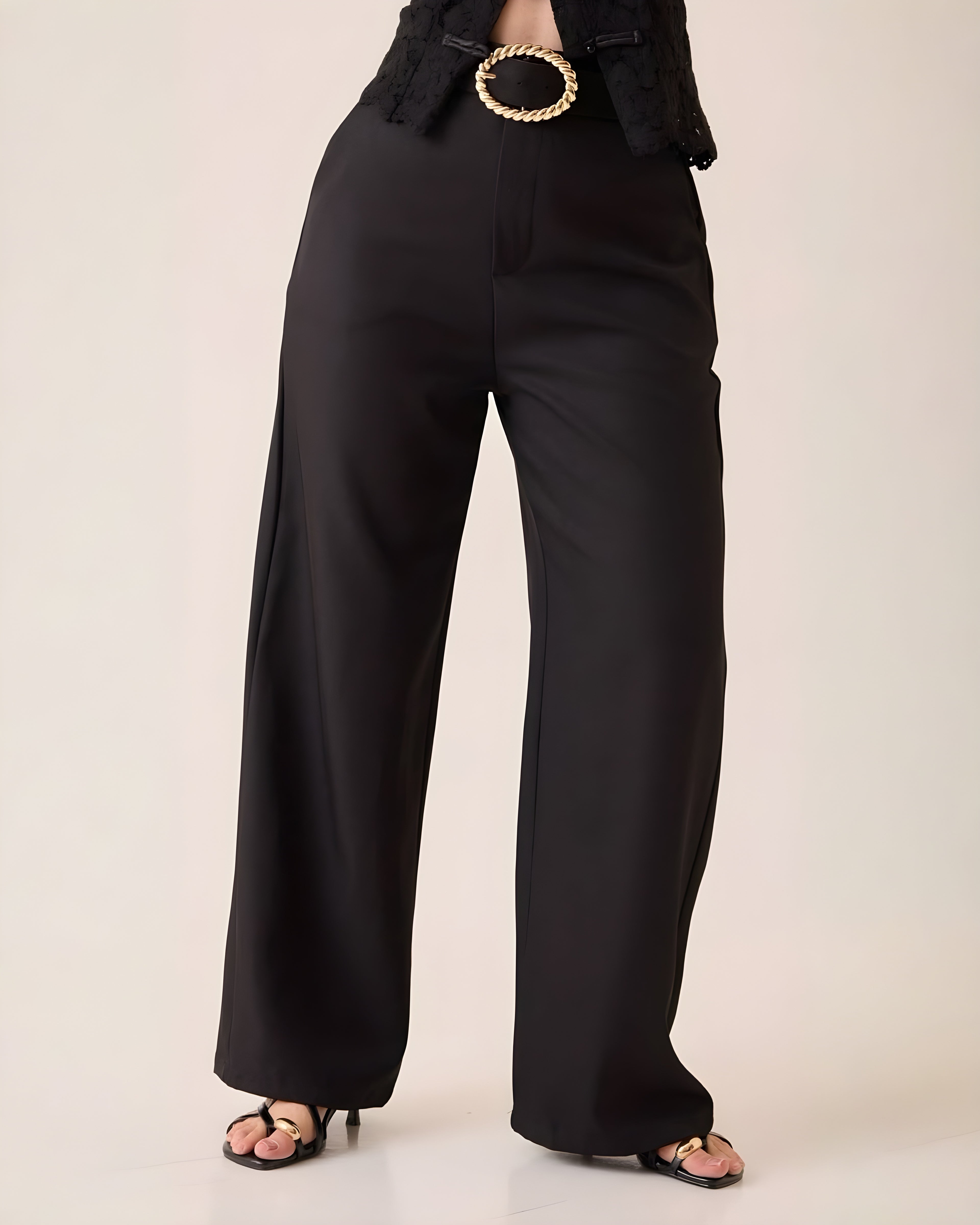 Pantalón Wide Leg Negro Cinturón Dorado