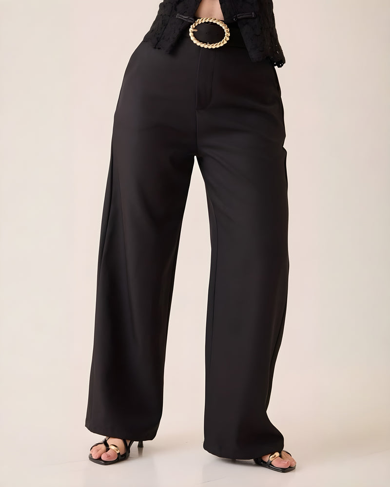 Pantalón Wide Leg Negro Cinturón Dorado S/M Negro
