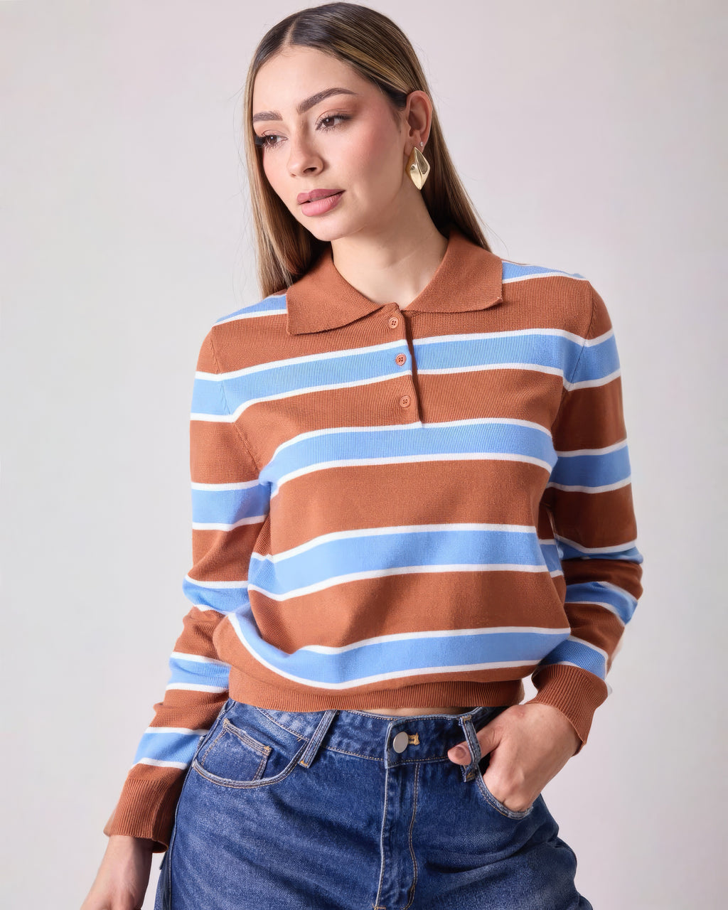 Sueter Polo Rayas Camel Azul