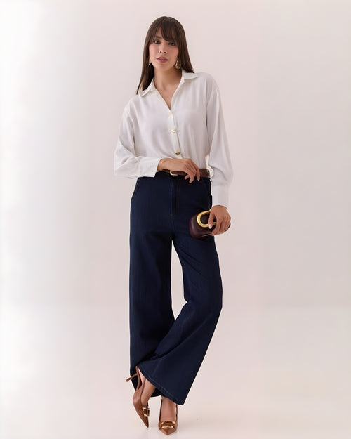 Blusa Manga Larga Botones Dorados Blanco