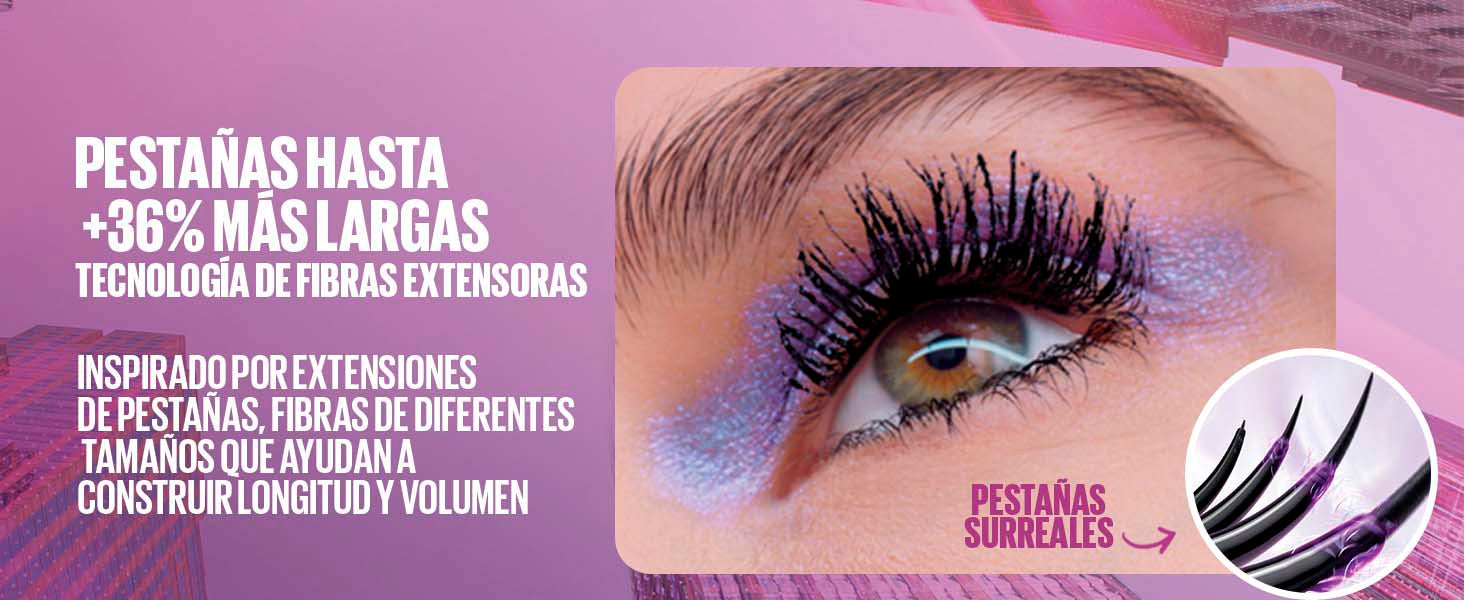 Maybelline The Falsies Surreal Extensions - Máscara de pestañas a prueba de agua, voluminizadora, alargamiento, maquillaje muy negro, 1 unidad - Roxanz