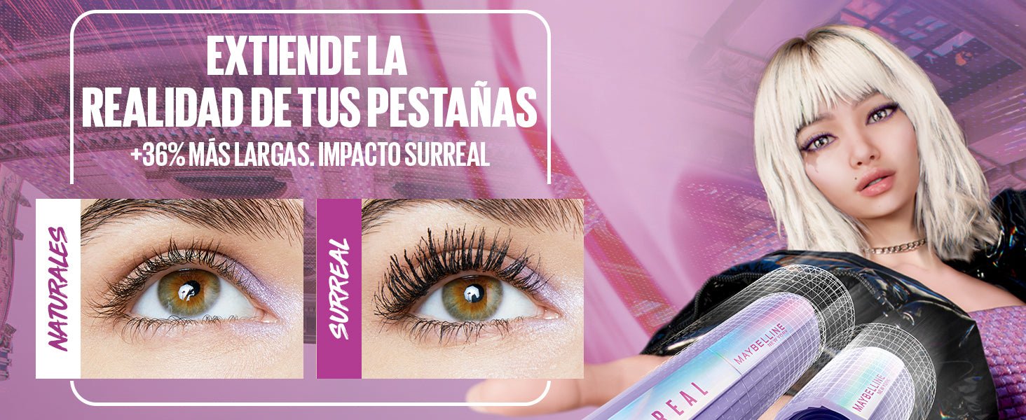 Maybelline The Falsies Surreal Extensions - Máscara de pestañas a prueba de agua, voluminizadora, alargamiento, maquillaje muy negro, 1 unidad - Roxanz